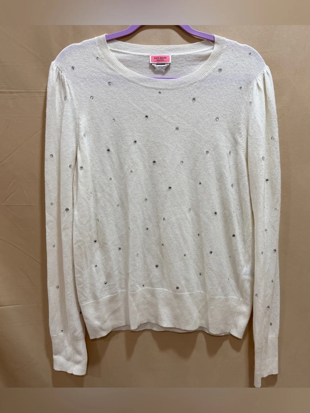 Kate Spade Cream Jeweled Embellished Crewneck Sweater Size Large